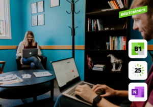 lokaal met rond tafel en boekenkast. Mensen werken op laptops