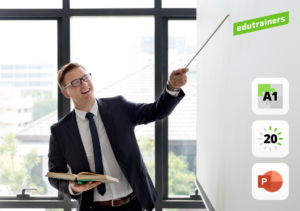 Dynamische leerkracht wijst het wwhiteboard aan