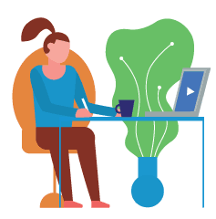 leraar zit aan tafel met koffie en laptop