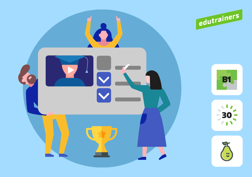 3 personen doen een quiz, eentje heeft gewonnen