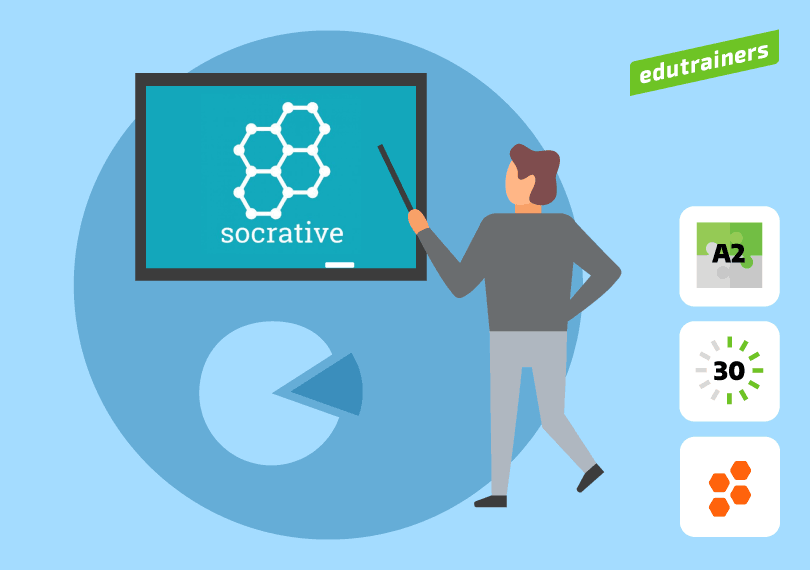 leraar wijst naar scherm met socrative logo