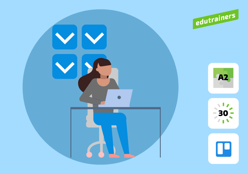 jonge vrouw zit op bureau met laptop, vinkjes op de achtergrond