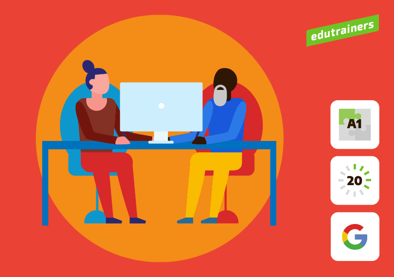 2 personen aan tafel werkend op dezelfde computer