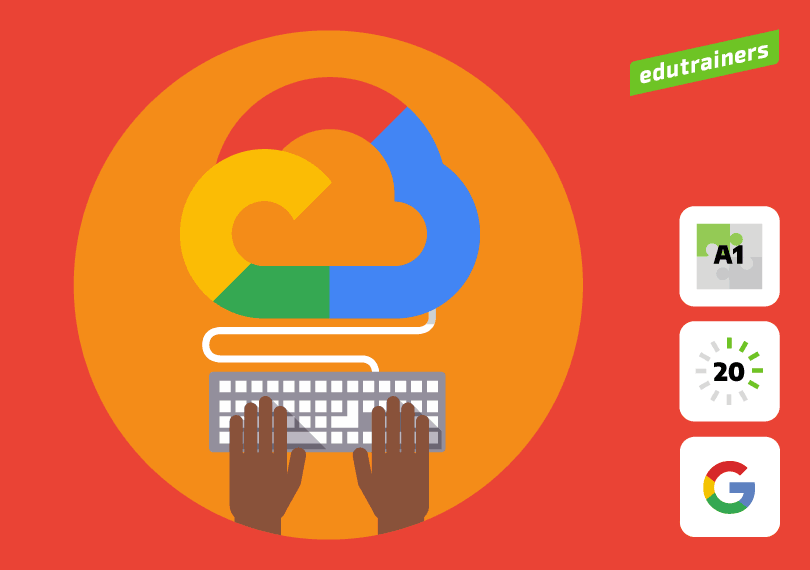 handen op toetsenbord geconnecteerd met google cloud icoon