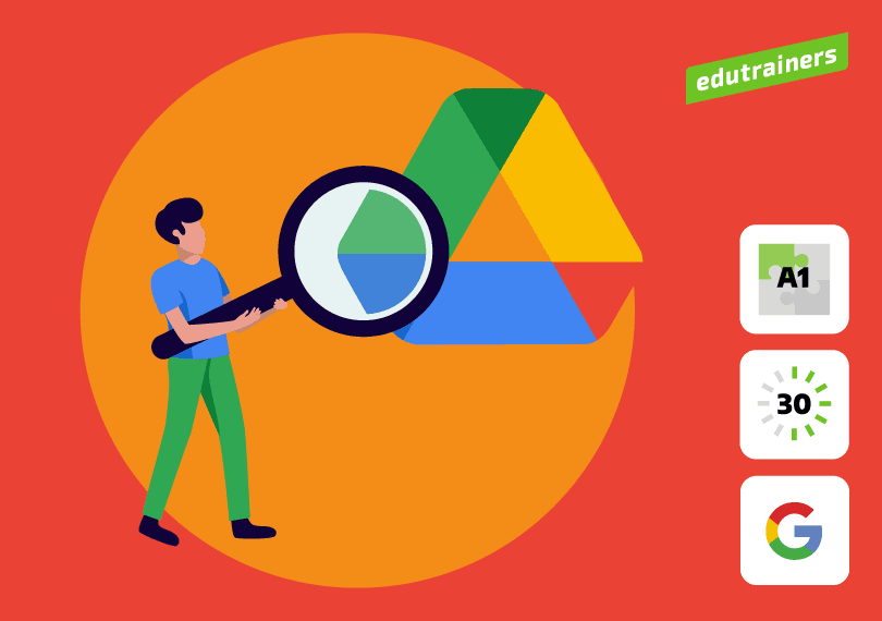 jongen bekijkt google drive logo met vergrootglas