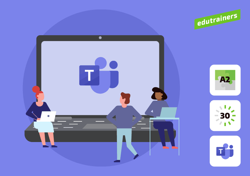 3 personen zittend voor laptop met Teams logo