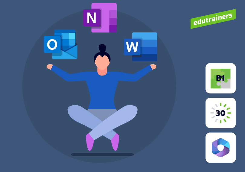 vrouw leviteert en er zweven 3 Microsoft iconen rondom haar