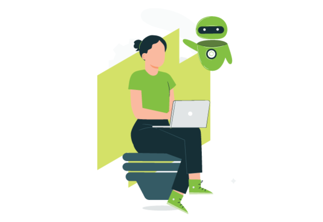 meisje zit op computer met robot ernaast