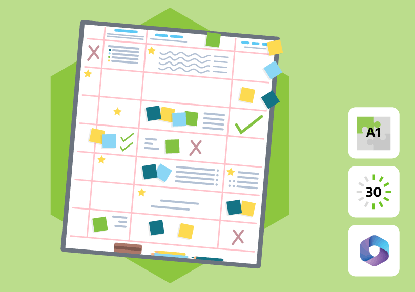 2 handen wijzen naar whiteboard met post-its