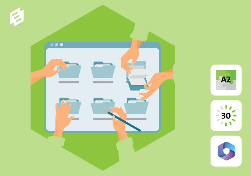 4 paar handen werken in folders op groot scherm