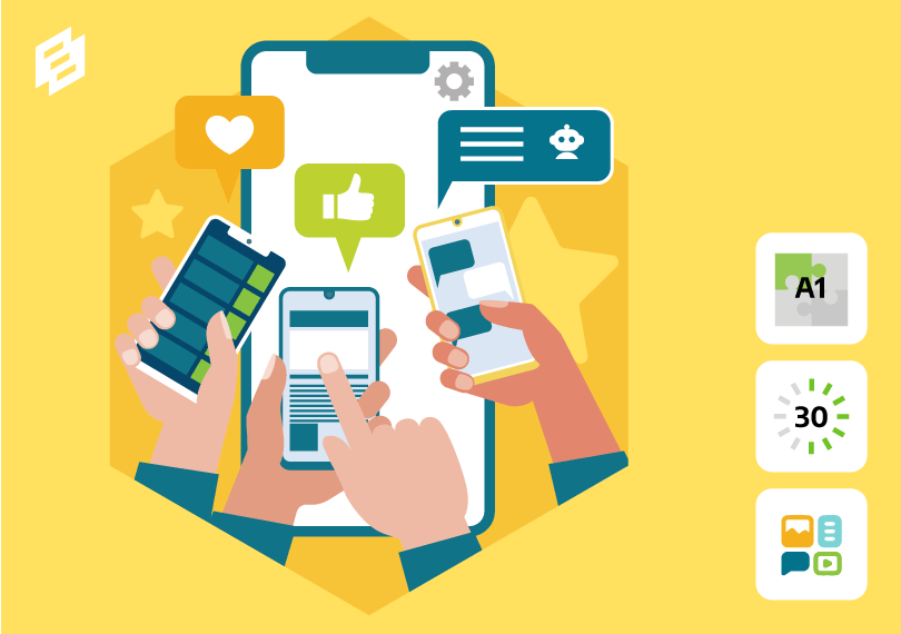 handen met smartphones en chat iconen