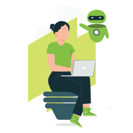 meisje zit op computer met robot ernaast